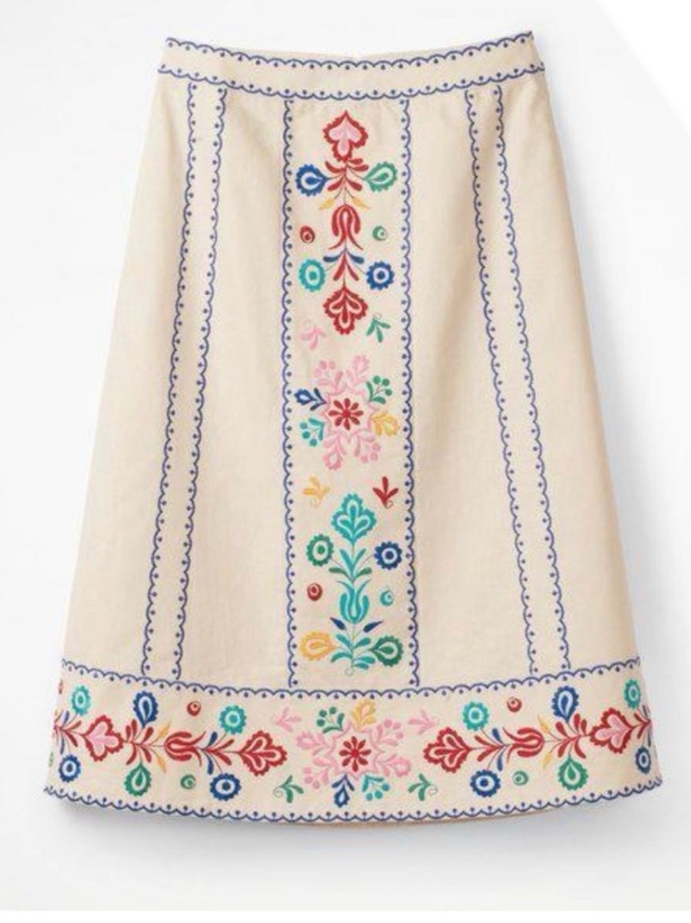Boden Cream A-Line Skirt with Multicolor Floral Embroidery